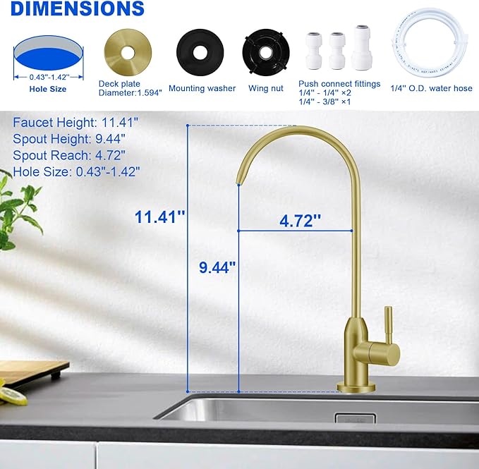 Drinking Water Faucet - Long Thread Stem Filtered Water Tap for Thick Countertop,Lead-Free RO Faucet with Hose and Quick Connect Fittings(Matte Gold)
