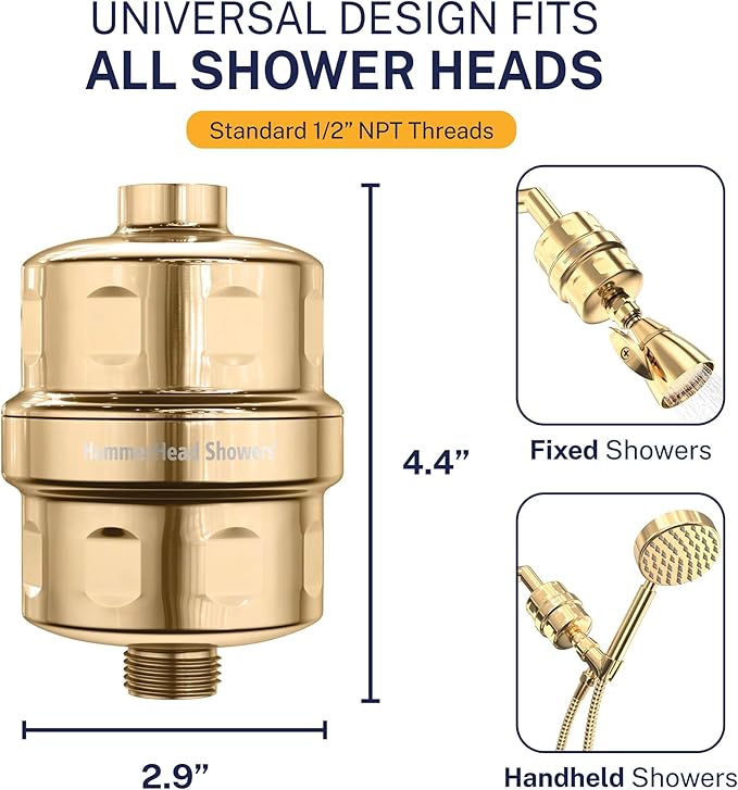 HammerHead Showers® Solid Metal Shower Head Filter – KDF 55 Shower Filter, High Pressure Universal Shower Filters to Remove Toxic Chemicals – Removes Chlorine and Heavy Metals – Polished Brass