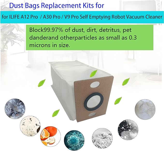 Dust Bags Replacement for ILIFE A12 Pro / A30 Pro / V9 Pro Self Emptying Robot Vacuum Cleaner, Spare Parts Accessories (8 Pack)