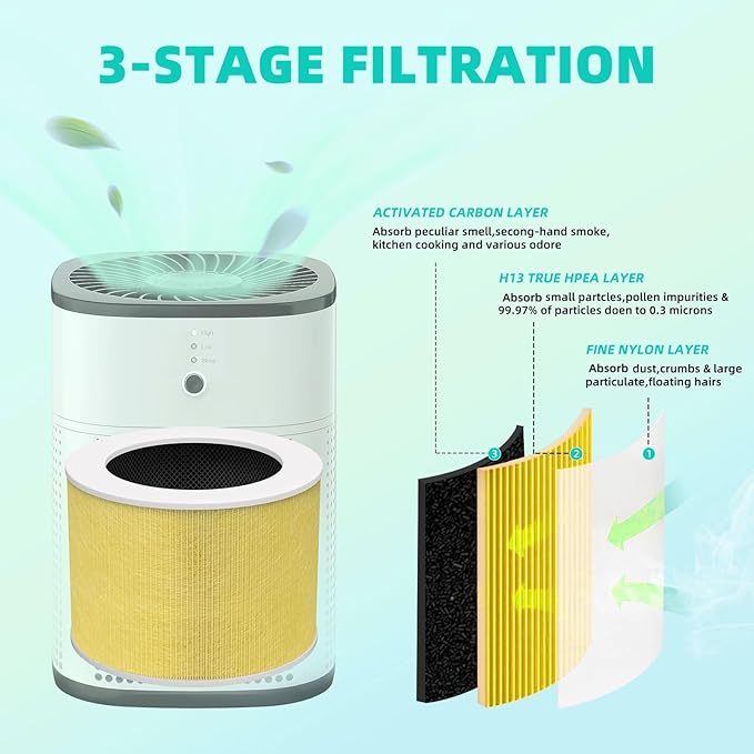 2 Pack HY1800 Upgraded Replacement Filter Compatible with MORENTO/Loytio/AYAFATO/IOIOW/Honeyuan/CHIVALZ Air Purifier, 3-in-1 H13 True HEPA and Activated Carbon HY1800 Filter Toxin Absorber