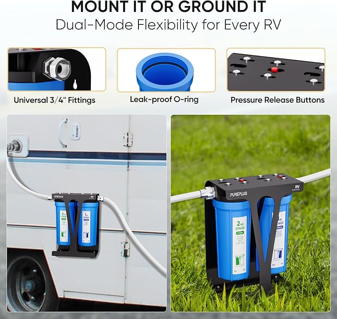 PUREPLUS RV Dual Stage Water Filter System with Grooved Sediment and Carbon Cartridges, NSF/ANSI 42 Certified, Stainless Steel 3/4" Fittings, Reduces Sediment, Chlorine, Odors and More