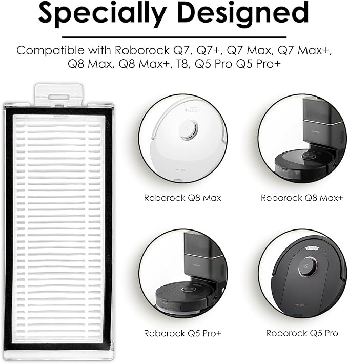 (8 Pack) Q5 Max+ Replacement HEPA Filters Compatible With Roborock Q5 Max+, Q5 Pro, Q5 Pro+, Q8 Max, Q8 Max+, Q7, Q7+, Q7 Max, Q7 Max+, Q5 Duoroller+ Robot Vacuum Cleaner, Replacement Parts Filters