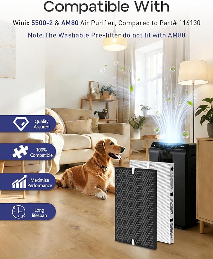 116130 Replacement Filter H Compatible with Winix 5500-2 Plasmawave Air Puri-Fier and Models Am80, Include 3 True HEPA Filter H and 3 Activated Carbon Pre-Filters and 1 Washable Pre-Filter