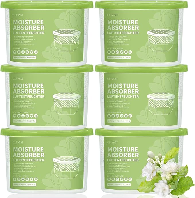 CLEVAST Moisture Absorber Boxes 6 Pack, 12 Oz Dehumidifier for Closet & Bathroom, Humidity Absorber for Wardrobe, Bedroom, RV & Car, Moisture Control, Jasmine Scented