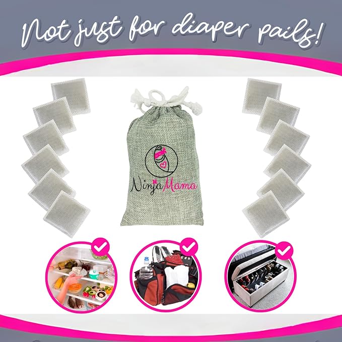 Diaper Pail Deodorizer. Compatible with Most Pails Bamboo Carbon Charcoal Filters, Odor Eliminating Refills for Disposable and Cloth Diapers, Trash Cans and Shoes.12 Pack - Hint of Rose