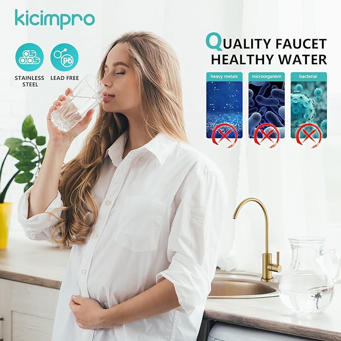 Gold Reverse Osmosis Faucet Kicimpro Kitchen Water Filter Faucet Non-Air-Gap Drinking Water Bar Faucet 304 Stainless Steel Gold Finish Lead-Free
