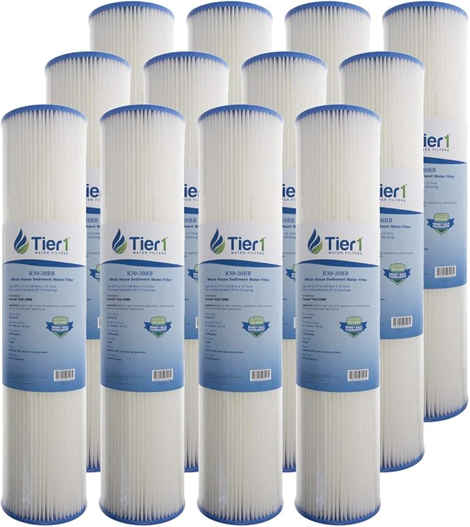 Tier1 30 Micron 20x4.5 Water Filter | Whole House Sediment Water Filter | Pleated Polyester Cartridge | Replacement for Pentek R30-20BB, 155430-43, SPC-45-2030 | High-Flow 4.5 x 20 Water Filter (12pk)