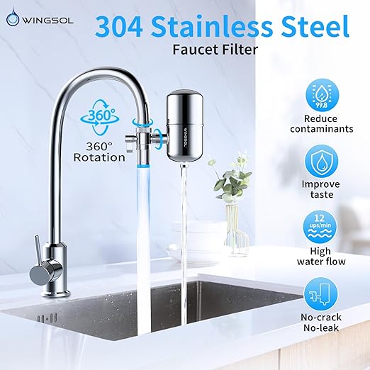 WINGSOL Stainless Steel Water Filter for Sink Faucet, NSF/ANSI 42&53, Temp. Sensor LED Light, 360° Rotating Tap Purifier Reduce PFAS, Lead, Chlorine, 350 Gallons Long-Lasting Reinforced Housing