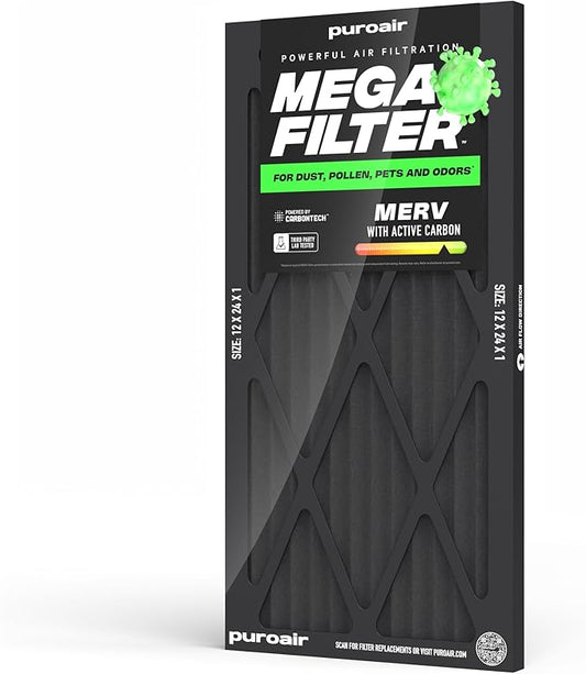 PuroAir MegaFilter - 12x24x1 Air Filter MERV 13 Activated CarbonTech Defense - Heavy Duty 3 Layer Furnace Filters Allergens, Pollen, Dust, Pet Dander, Smoke, Odors - HVAC Air Filter 12x24x1 (1-Pack)