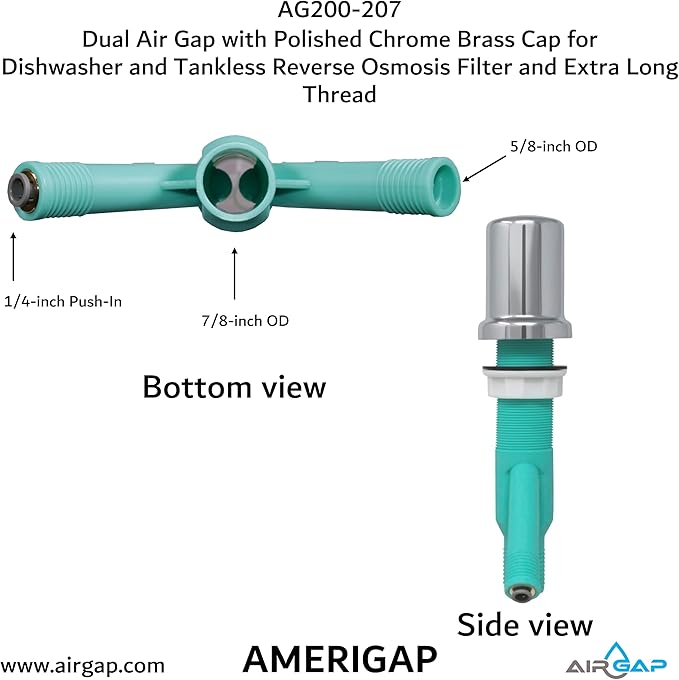 Dual Air Gap with Polished Chrome Brass Cap for Dishwasher and Tankless Reverse Osmosis Filter and Extra Long Thread (AG200-207, AG200-X07, AMERIGAP)