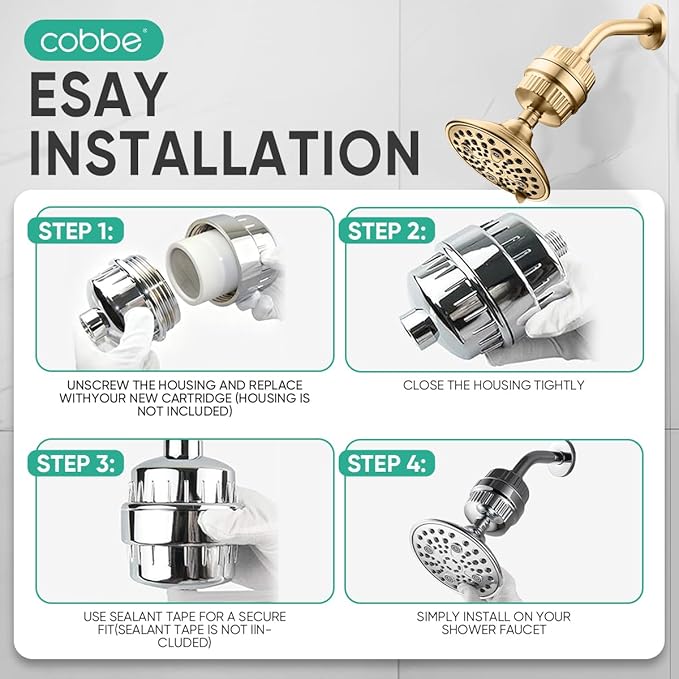 Cobbe HD HEAVY DUTY High Output Shower Filter – 99% REMOVAL Shower Head Filter for Hard Water, Heavy Metals, Chlorine and Harmful Substance, Improve your skin and hair - Brushed Gold
