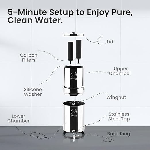 2.25 G Gravity Water Filter System | Dual Carbon Filtration | NSF/ANSI 42 & 372 Certified | Removes 99.9% Lead, PFAS, Chlorine & 200+ Contaminants | Countertop Stainless Steel Water Filter | Portable