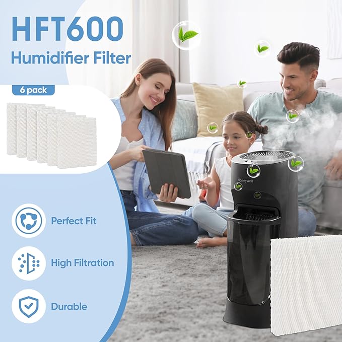 HFT600 6 Pack Humidifier Wicking Filter T Replcement Compatible with Honeywell HEV615 HEV620 Humidifier, Compared to Part HFT600T HFT600PDQ Wicking Filter, White