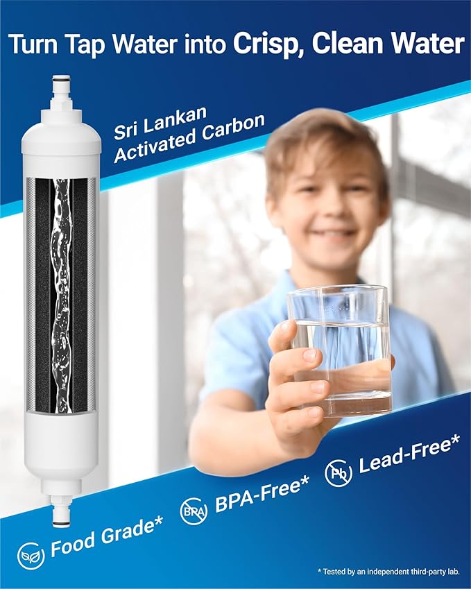 AQUA CREST GXRTQR Inline Water Filter, NSF Certified, Replacement for GE® GXRTQR, GXRTQ, Carbon Block Media Ensures 99% Chlorine Reduction, 3 Filters (Package may vary)