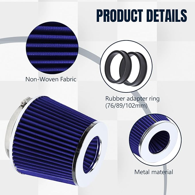 Hovom Universal Clamp-On Air Intake Filter, 76 89 102MM (3/3.5/4in) High Flow Round Tapered Cold Air Intake Filter, High Performance, Washable & Reusable, Engine Filters Replacement (Blue)
