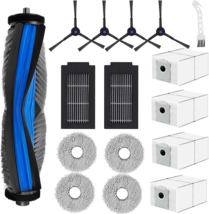 16 Pack Replacement Parts for Ecovacs Deebot T50 Pro/ T50 Omni/ T50 Pro Omni Vacuum Cleaner, 1 Main Brush, 2 Filters, 4 Wipes, 4 Side Brushes, 4 Dust Bags (NOT for T50 Max Pro Omni & T50 Max Pro)