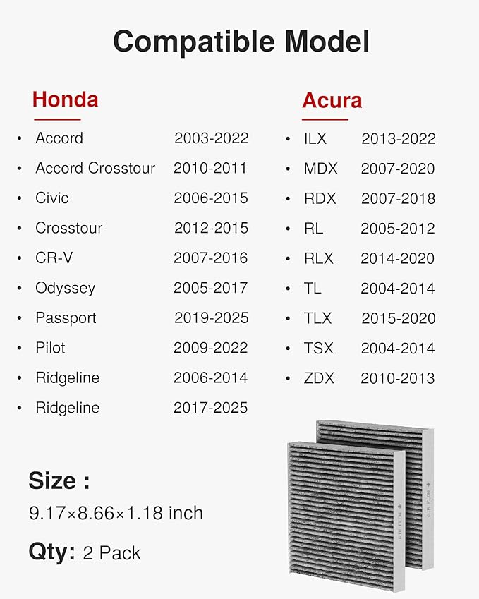 Puroma Cabin Air Filter with Activated Carbon, Replacement for CP134, CF10134, Honda & Acura, Civic, CR-V, Odyssey, CSX, ILX, MDX, RDX, AT134 (2 pc)