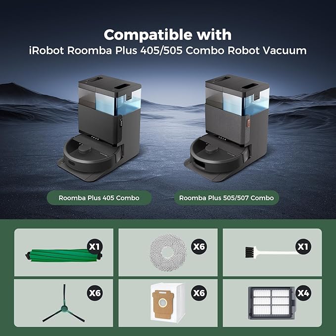 24 Pcs Accessories Kit for iRobot Roomba Plus 405 Combo/505 Combo/507 Combo Robot Vacuum Cleaner: 1 Main Brush, 6 Dust Bags, 6 Mop Pads, 4 Filters, 6 Side Brushes and 1Cleaning Brush(400/500 Series)