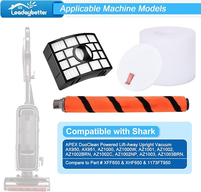 Leadaybetter Filter Replacement for Shark APEX DuoClean Lift-Away AX950 AX951 AZ1002 AZ1000 AZ1000W, 2 Black Filters, 4 Foam & Felt Filters, 1 Brush Roll, Compare to Part # XFF650 & XHF650 & 1173FT950