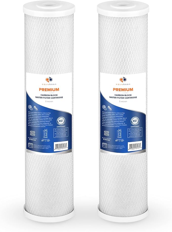 Aquaboon 5 Micron 20 x 4.5 Whole House Water Filter Replacement Cartridge Carbon Block Chlorine Reduction for 1-Stage Water Filtration System 2 Pack