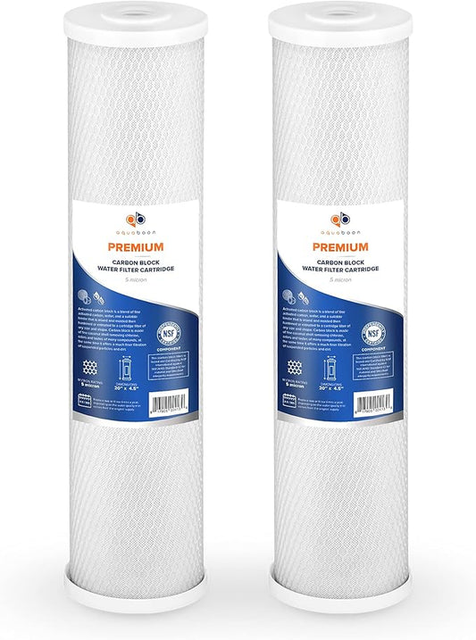 Aquaboon 5 Micron 20 x 4.5 Whole House Water Filter Replacement Cartridge Carbon Block Chlorine Reduction for 1-Stage Water Filtration System 2 Pack