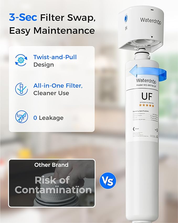 Waterdrop 17UBW-UF 0.01 μm Ultra Filtration Under Sink Water Filter System, Reduces Lead, Chlorine, Bad Taste & Odor, 3 Years, with Dedicated Brushed Nickel Faucet, USA Tech