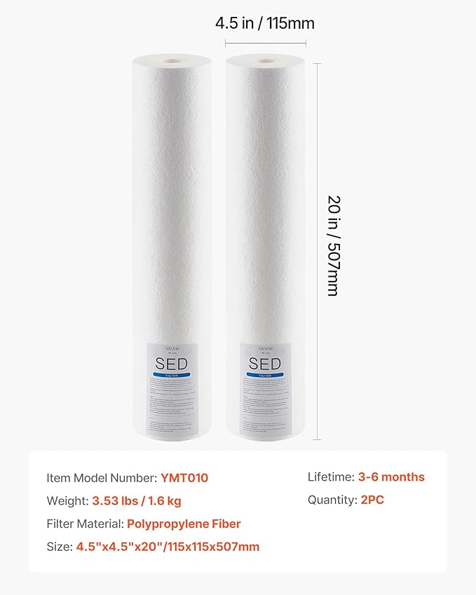 VEVOR Sediment Water Filter Cartridge, Universal Fit 20 x 4.5 Inch, 5 Micron SED Whole House Replacement Filter, 100,000 Gal Capacity, Reduces Sand, Rust, Dirt, and Particles, 2Pack
