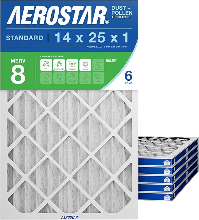 Aerostar 14x25x1 MERV 8 Air Filter, Pleated AC Furnace HVAC Filters (13.75x24.75x0.75), Electrostatically Charged for Allergies Dust Pet Dander Pollen Mold Lint, MPR 600 FPR 5, USA, 6 Pack