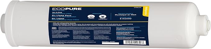 EcoPure EPINL20 In-Line Refrigerator Water and Icemaker Filter - Universal, Fits All Major Brand Refrigerators - High Capacity - Built to Last,White, 1 Count (Pack of 1)