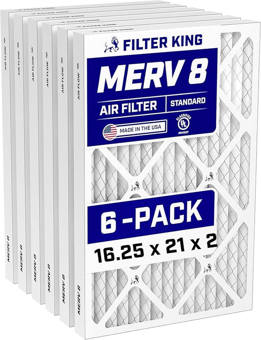 Filter King 16.25x21x2 Air Filter (MERV 8) (6-Pack) Dust & Allergy Control AC Furnace Filters, MADE IN USA, HVAC, Pleated, Electrostatic (Actual Size: 16.25 x 21 x 1.75)