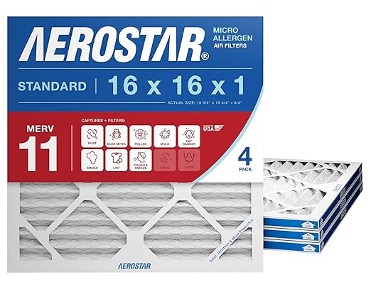 Aerostar 16x16x1 MERV 11 - 4 Count - Pleated HVAC, Furnace & Air Conditioner Filters - Removes Dust, Cold & Flu Germs, Lint, Mold, Pet Dander, Allergy-Causing Pollen, Smog & Smoke