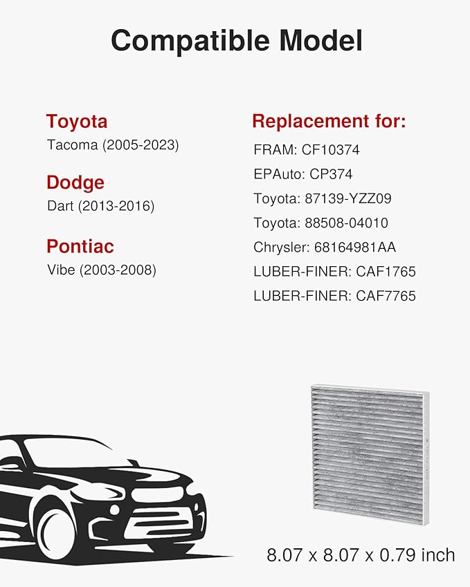 Puroma Cabin Air Filter with Activated Carbon, Replacement for CP374, CF10374, CAF1765, CAF7765, Tacoma, Dodge Dart, Pontiac Vibe, 87139-YZZ09 and 88508-04010, Chrysler: 68164981AA