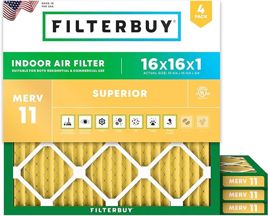 Filterbuy 16x16x1 Air Filter MERV 11 Superior Pet & Allergy Defense (4-Pack), Electrostatic Pleated HVAC AC Furnace Filters Replacement (Actual Size: 15.75 x 15.75 x 0.75)