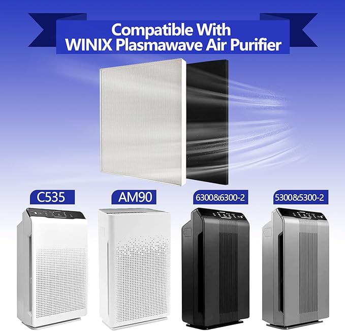 115115 Replacement Filters Compatible for Winix PlasmaWave Air Purifier C535 5300 5300-2 5500 5500-2 6300 6300-2 P300 AM90 9000 5000 5000B C909 9800, 1 True HEPA Filter + 6 Carbon Pre-Filters