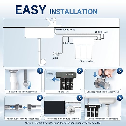 AQUALTRA USF-3B-15 Slightly Alkaline Under Sink Water Filter System, 8K-40K Gallons, 0.5 μm Carbon Fiber Filter Reduces Chlorine, Chloramine, Fluoride, Bad Taste & Odor