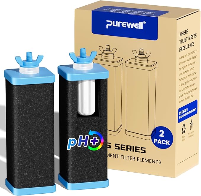 Purewell PF-6-PH Black 4-Stage Composite Carbon and Alkaline Filters, Compatible with Berkey® Big+, ProOne® Big+ Gravity Water Filter Systems and Purewell Systems (2 Pack, SS Series)