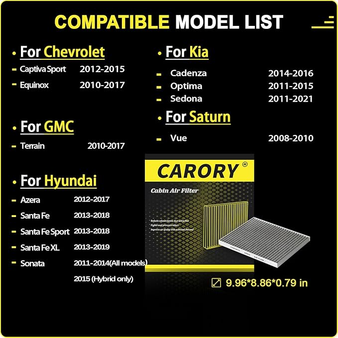 Cabin Air Filter w/Activated Carbon for Chevy Equinox 2010-2017, Captiva Sport 2012-2015, GMC Terrain 2010-2017, Hyundai Santa Fe 2013-2018, Santa Fe Sport 2013-2018, Kia Sedona 2011-2021