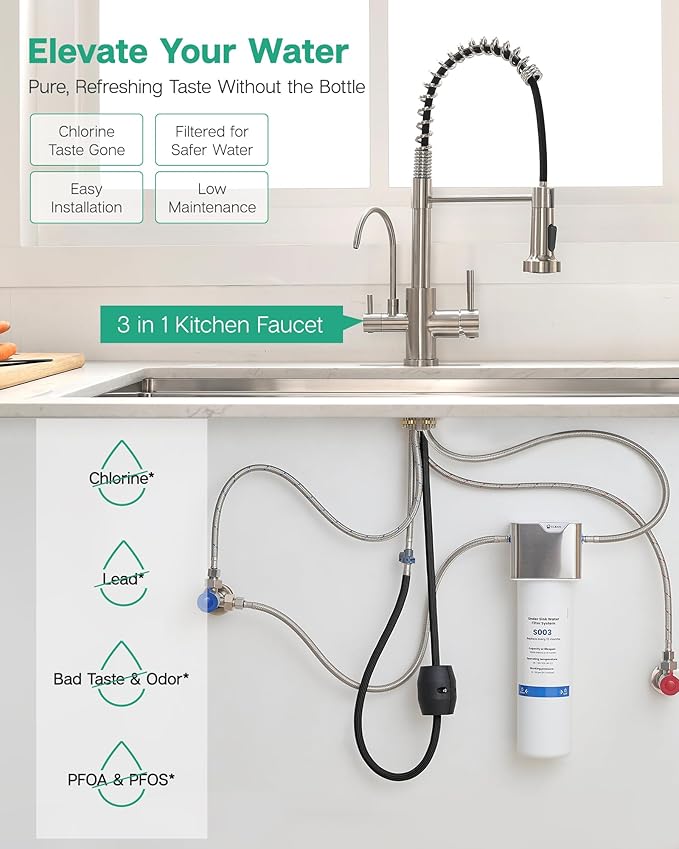 GIMILI 3 in 1 Kitchen Faucet with Pull Down Sprayer Brushed Nickel Two Handle Kitchen Sink Faucet with Under Sink Water Filter System Reduces PFAS, PFOA/PFOS, Lead, Chlorine, Bad Taste & Odor