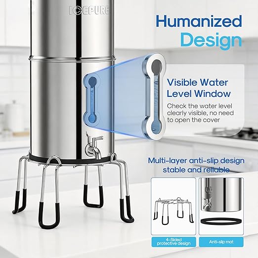 ICEPURE 3-Stage Gravity Water Filter System with Water Level Window, 304 Stainless Steel Countertop Gravity-fed Water Filtration System with 3 Filters and 1 Stand, Reduce 99% Chlorine 3G High Capacity