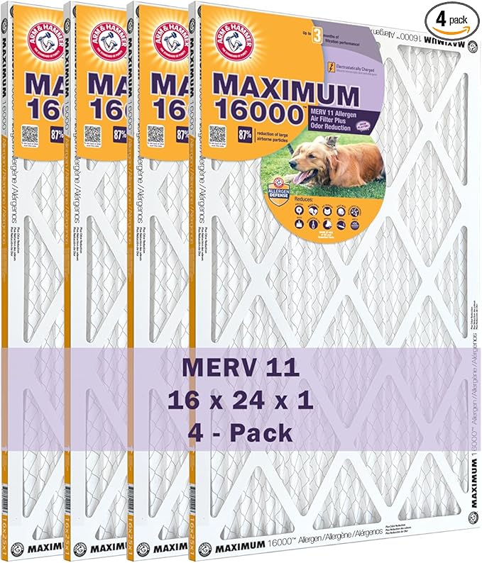 Arm & Hammer Max Allergen & Odor Reduction 16x24x1 Air and Furnace Filter, MERV 11, Carbon Fiber, 4-Pack