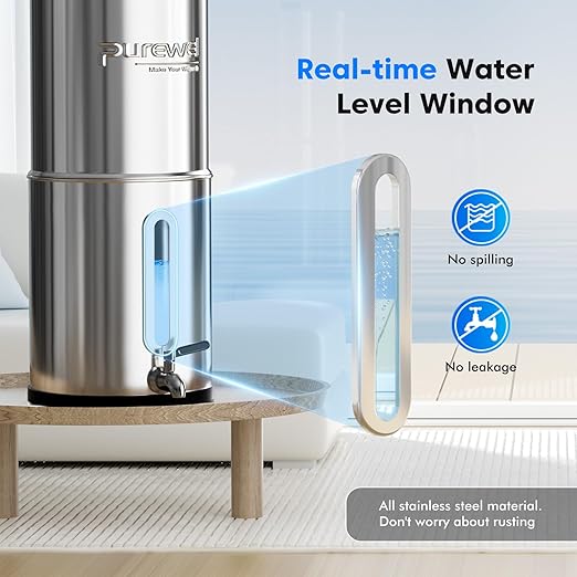 Purewell 2.25G Gravity Water Filter System with Water Level Window, 7-Stage 0.01μm Ultra-Filtration Countertop System with 4 Filters and Stand, Reduce Fluoride & Chlorine, Up to pH 9, PW-KS-FT