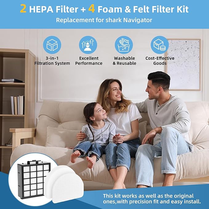 AZ4002 Replacement Filter for Shark POWERDETECT Upright Vacuum Cleaner AZ4000 AZ4000C AZ4002 AZ4002W, 2 HEPA Filters and 4 Foam & Felt Filters, Part XFFKAZ4000 XHFAZ4000