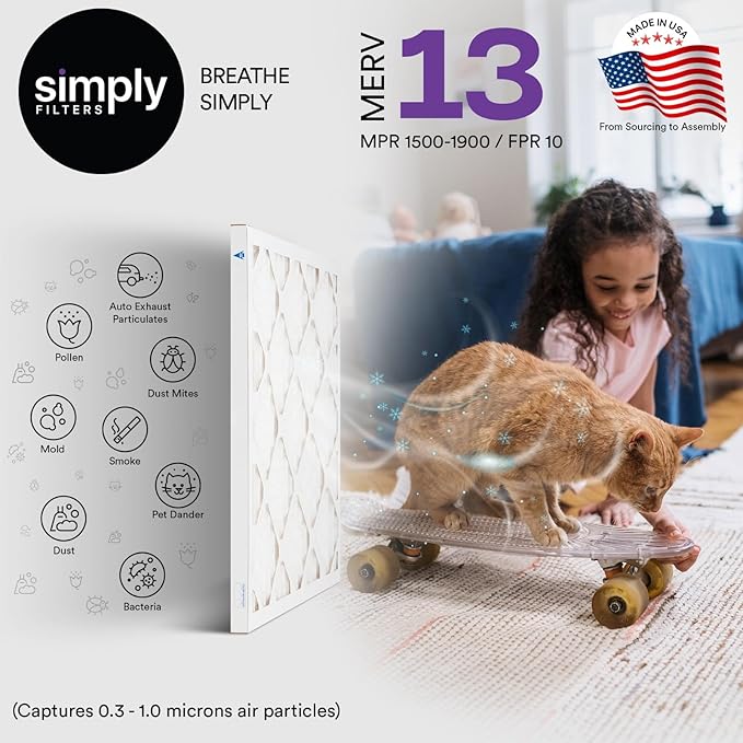 Simply 15x20x1 Air Filter, MERV 13, 4 Pack, For Home AC Furnace & HVAC (Actual Size: 14.75"x19.75"x0.75") DUST, Pet, & Allergy Control