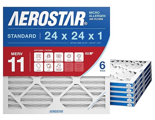 Aerostar 24x24x1 MERV 11 Air Filter, 6 Count, ACTUAL SIZE (23.50 x 23.50 x 0.75) HVAC, Air Conditioning & Furnace Filter for Dust, Pet Dander, Smoke & Allergies (MPR 1200 / FPR 7), Made in USA