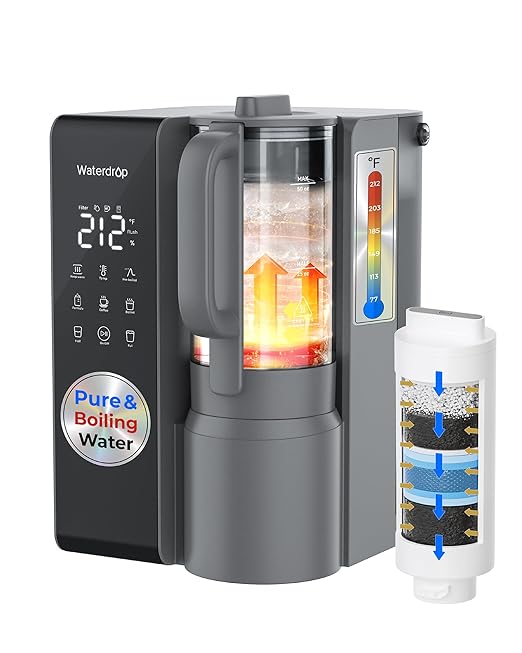 Waterdrop M1 Reverse Osmosis Water Filter Countertop, Hot Water Countertop Reverse Osmosis System, 7 Temperature Options, 6 Stage Purification, 3:1 Pure to Drain, No Installation, Gray