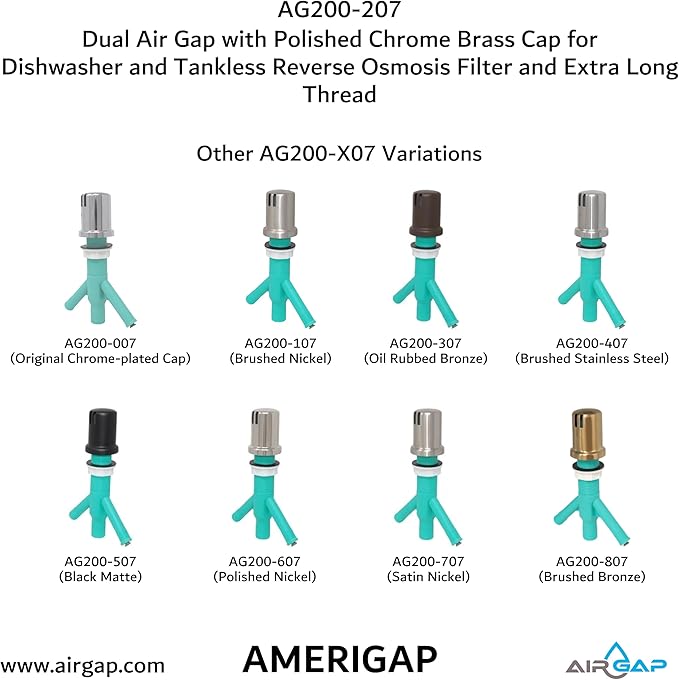 Dual Air Gap with Polished Chrome Brass Cap for Dishwasher and Tankless Reverse Osmosis Filter and Extra Long Thread (AG200-207, AG200-X07, AMERIGAP)