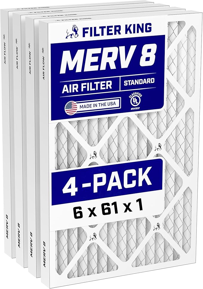 Filter King 6x61x1 Air Filter (MERV 8) (4-Pack) Dust & Allergy Control AC Furnace Filters, MADE IN USA, HVAC, Pleated, Electrostatic (Actual Size: 6 x 61 x .75)