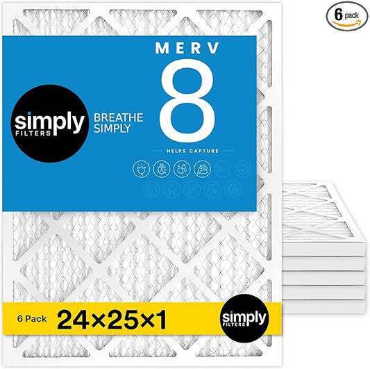 Simply 24x25x1 Air Filter, Merv 8, 6 Pack, For Home AC Furnace & HVAC (Actual Size: 23.75"x24.75"x0.75") DUST, Pet, & Allergy Control