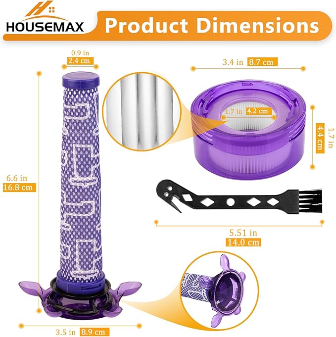 HOUSEMAX Upgraded V8 Filter Replacement Kit Compatible with Dyson V8 SV25 / V8 Animal Extra / V7 SV37 Cordless Vacuum Replaces Parts #965661-05 & #967478-05