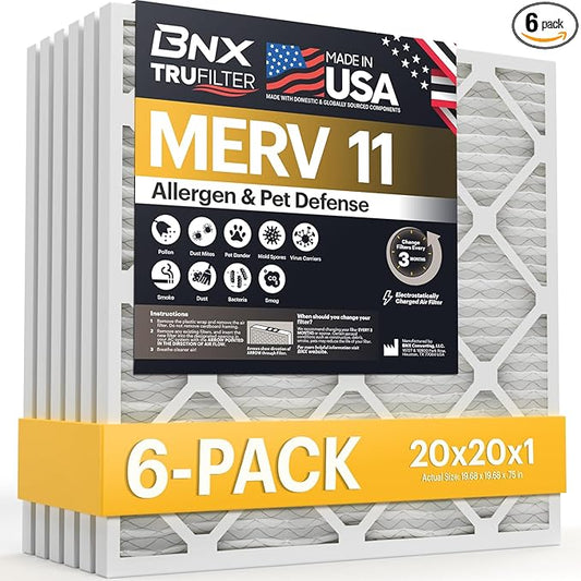 BNX TruFilter 20x20x1 Air Filter MERV 11 (6-Pack) - MADE IN USA - Allergen Defense Electrostatic Pleated Air Conditioner HVAC AC Furnace Filters for Allergies, Dust, Pet, Smoke, Allergy MPR 1200 FPR 7